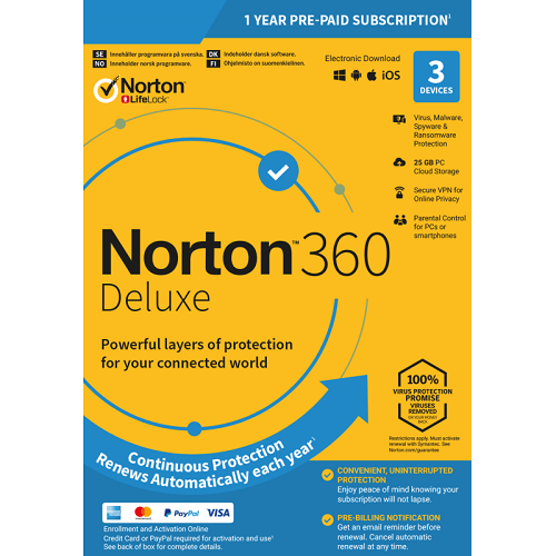 Norton 360 Deluxe - 1-Year / 3-Device - Global Activation Code by email