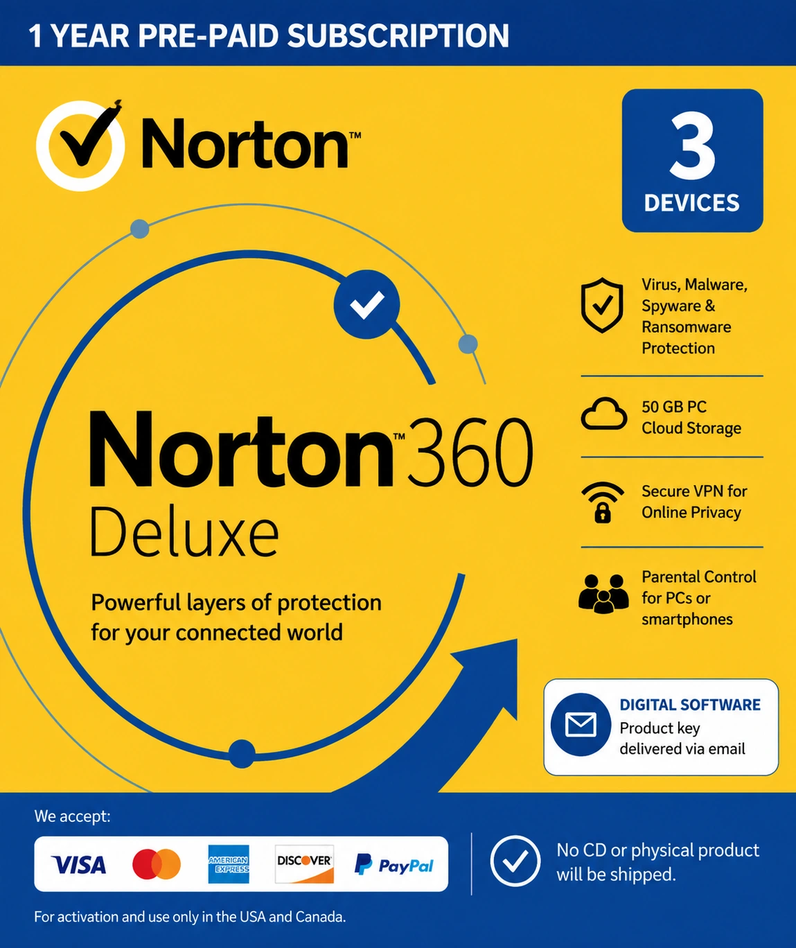Norton 360 Deluxe – 3 Devices / 1 Year USA/Canada