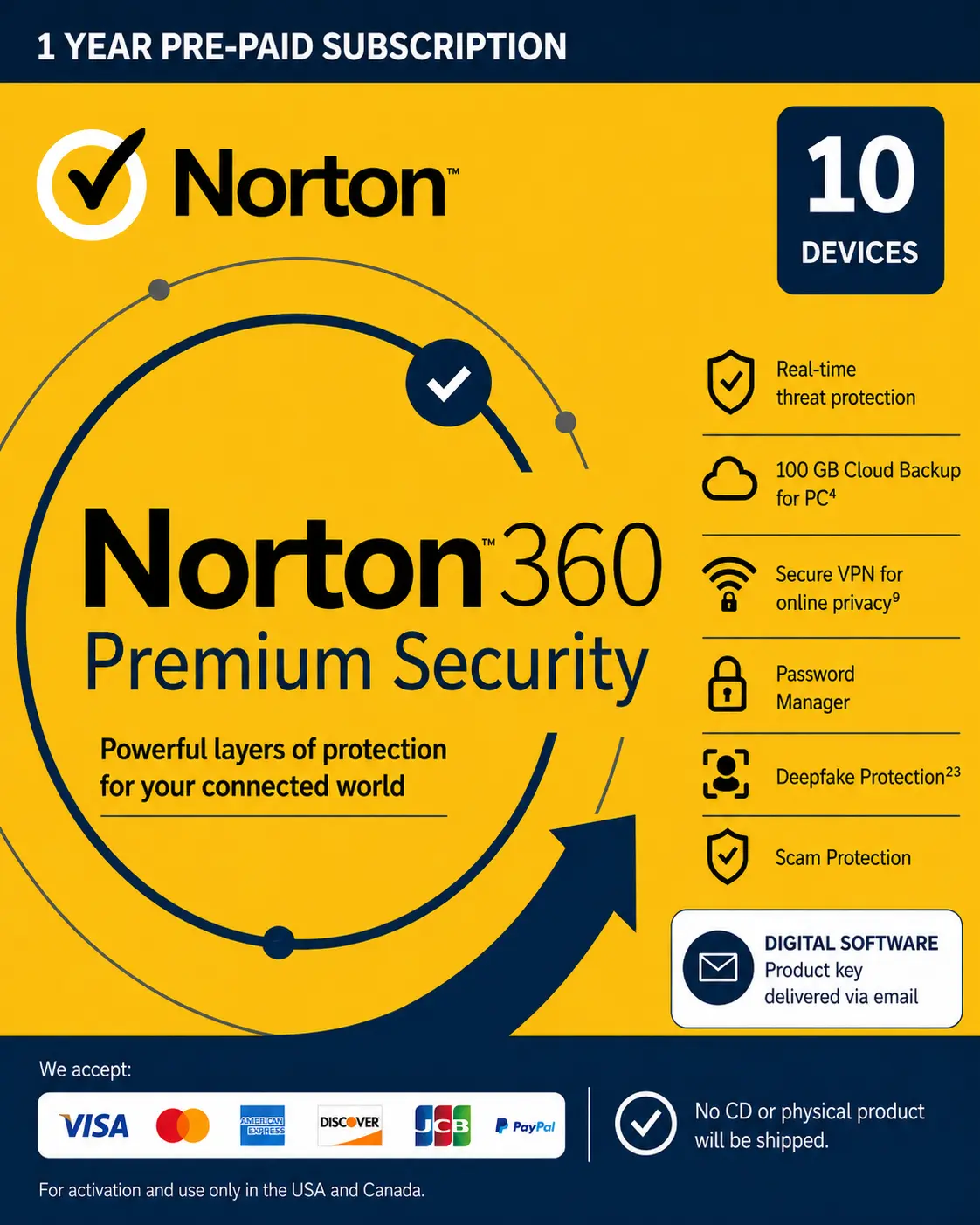 Norton 360 Premium Security – 10 Devices / 1 Year – USA/Canada