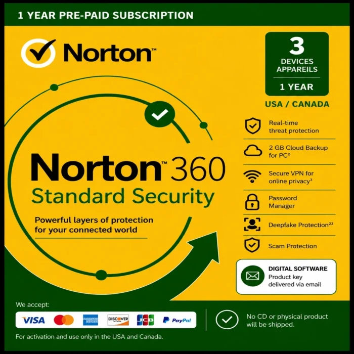 Norton 360 Standard Security – 3 Devices / 1 Year – USA/Canada