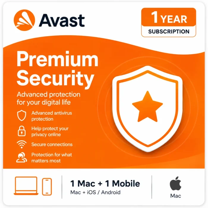 Avast Premium Security – 1 Mac + 1 Mobile Device, 1 Year
