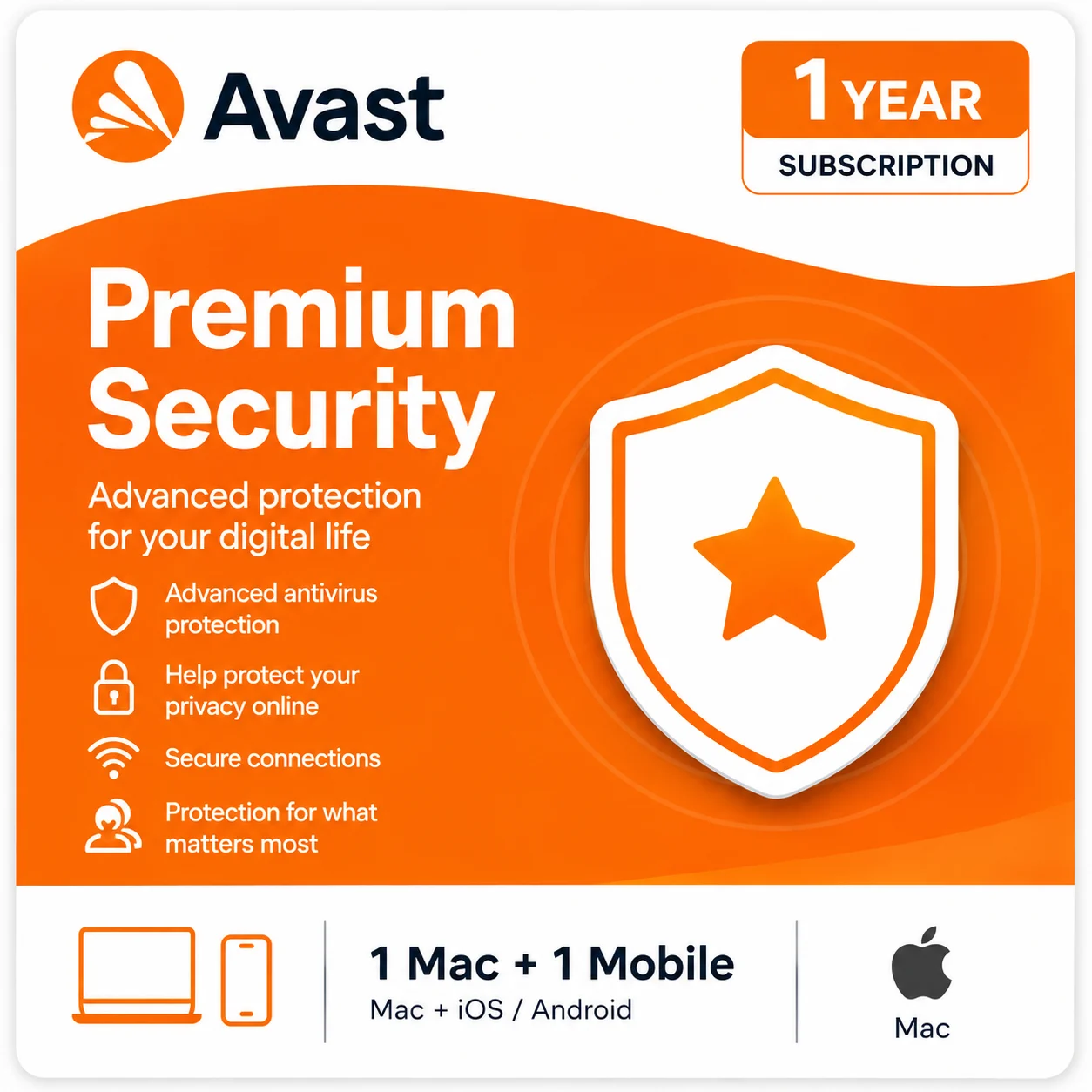 Avast Premium Security – 1 Mac + 1 Mobile Device, 1 Year