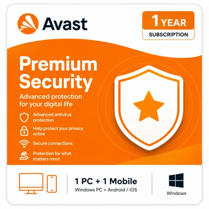 Avast Premium Security – 1 Windows PC + 1 Mobile Device, 1 Year