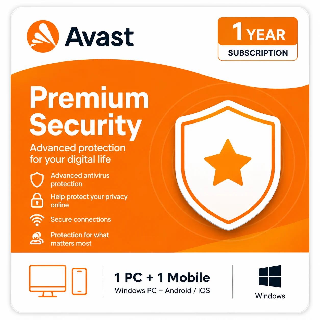 Avast Premium Security – 1 Windows PC + 1 Mobile Device, 1 Year